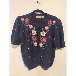 Classic Directions Navy Floral Embroidered Cardigan Romantic Cottagecore Grandma
